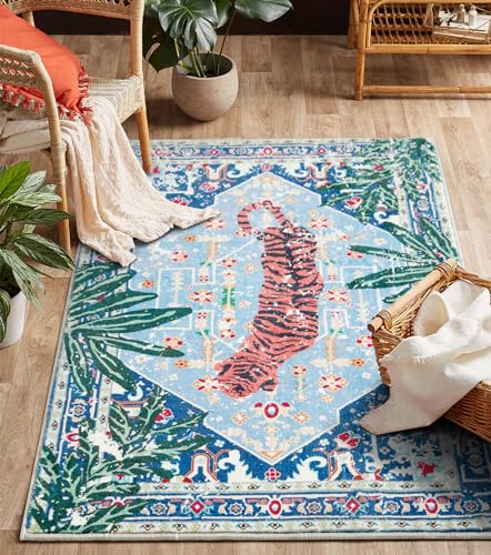 Vintage Rugs Boho Abstract Tropical Jungle Leopard 4x6 Area Rugs Accent Oriental Carpet for Bedroom Kitchen Dining Living Room Modern Indoor Entry Entrance Floor Rug Washable - color: Blue, size: 3'11" x 5'11" (Rectangular)