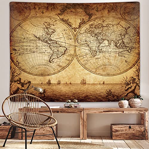 Old World Map Extra Large Tapestry for Bedroom, Vintage Nautical Maps of The World Art Tapestries Wall Hanging for Dorm Living Room Office Decor 90X70, Brown Pirate Treasure Map Poster Blanket - color: Map-1, size: 70"L x 90"W