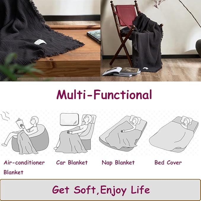 100% Cotton 4-Layer Muslin Blanket with Fringes, 80"x90", Dark Grey Bed Blanket, Ultra-Soft Gauze Boho Bedding for All Seasons, Breathable for Couch, Bed(Dark Grey,Queen)