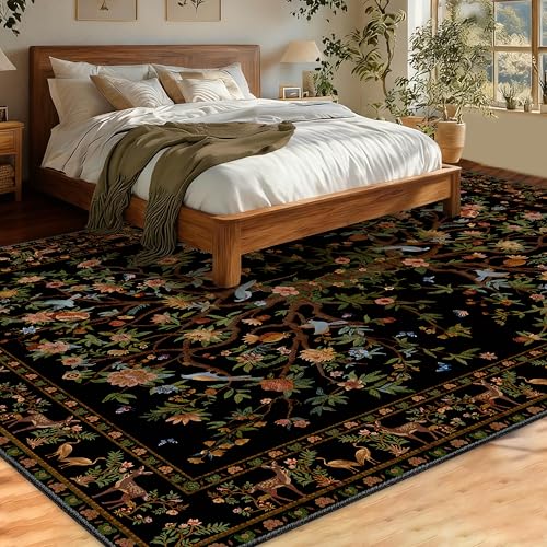 8x10 Area Rugs Black, Machine Washable Non-Slip Rug, Boho Floral Botanical Soft Low Pile Throw Rugs for Living Room, Bedroom,Dining Room, Office - color: Black, size: 10' x 8' (Rectangular)