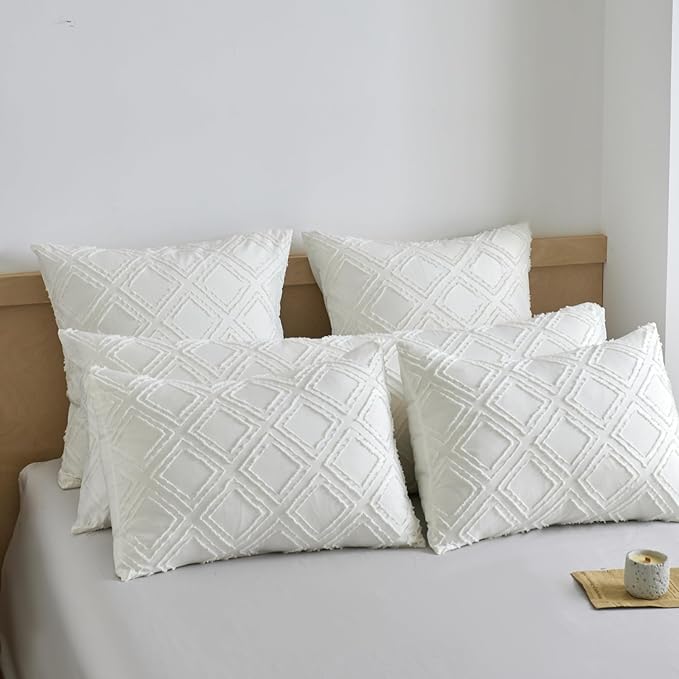 Queen Pillow Shams 2 Pack, Queen Size Pillowcases, Soft Microfiber Geometric Tufted Pillow Covers with Envelope Closure, Ivory, 20x30 Inches