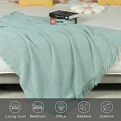 Blagic Knitted Throw Blanket for Couch, Soft Farmhouse Throw Blanket with Tassels,Home Decorative Lightweight Blankets,Spring Throws for Bed/Chair/Sofa,Wheat Textured (Light Blue&White,50" W x 60" L) - color: I-blue & White, size: 50 × 60 in