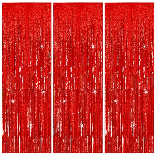 3 Pack Red Streamers Party Backdrop Christmas Decorations Foil Fringe Backdrop Curtains Carnival Casino Theme Birthday New Year Holiday Celebration Bachelorette Party Decorations Supplies - color: Red