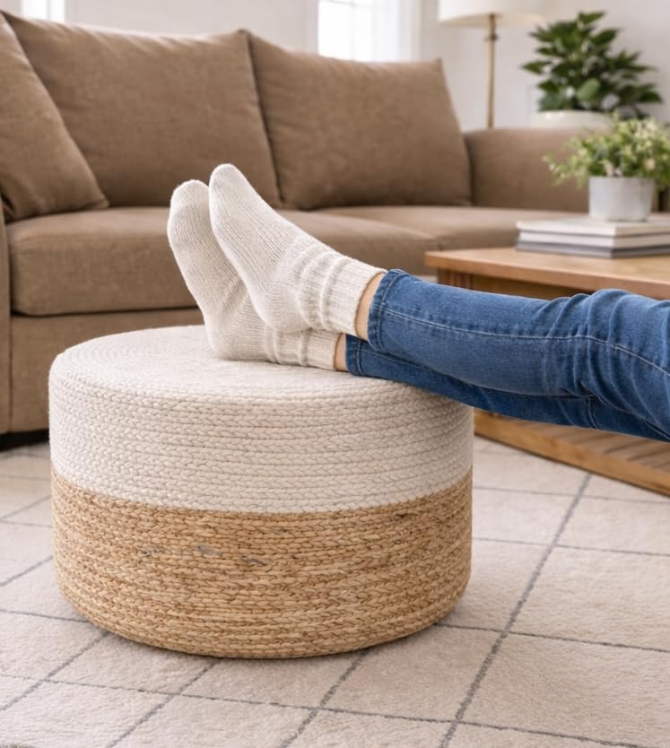 Jute Pouf Ottoman | Footrest Pouf | Hand Braided - Round Boho Pouffe - for Living Room, Bedroom, Nursery (18"x18"x12") Ivory - color: Ivory, size: 18"D x 18"W x 12"H