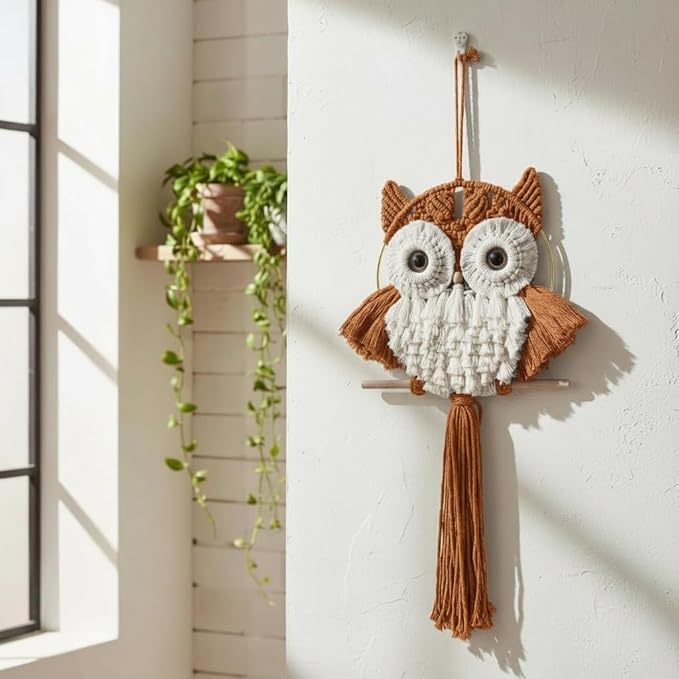 Macrame Owl Wall Hanging Boho Hippy Decor, Handmade Tapestry Fiber Art Wall Decor for Nursery Bedroom Living Room, Sustainable Gift for Owl Lovers & Nature Fans