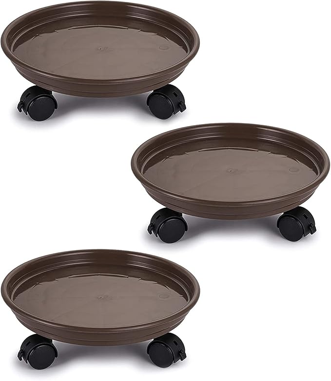 Fasmov 3 Pcs Plant Pallet Caddy Plant Stand Round Flower Pot Mover, Plant Pot Pallet Dolly Caster with Universal Wheels (Brown)