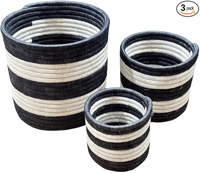 African Planter Baskets Sets of 3 Woven Sisal Baskets for Indoor Plant Pots Covers Home Decor Storage Organizer Gifts Zen Designs Arts and Crafts (Stripe Black White)
