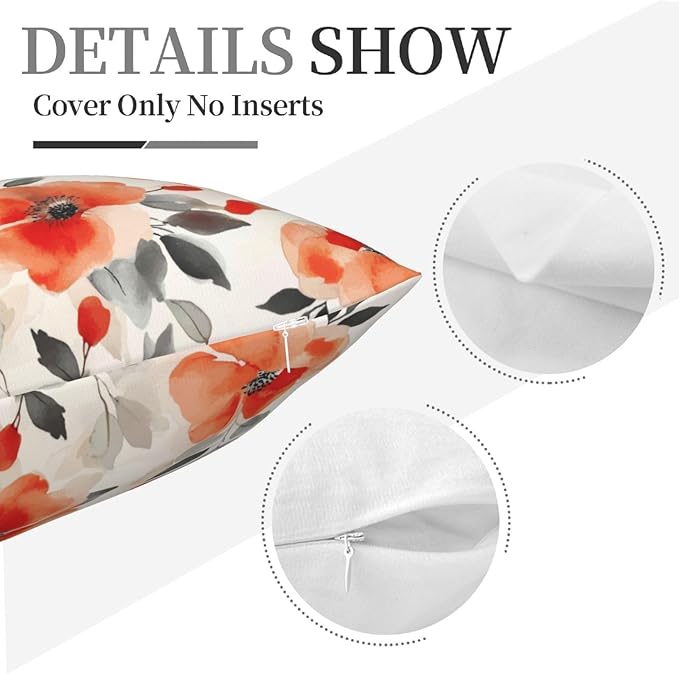 Burnt Orange Watercolor Floral Throw Pillow Covers 18x18 Set of 2, Spring Black Beige Flowers Decorative Pillowcases, Double-Sided Print Cushion Covers for Couch Sofa Bedroom Living Room Spring Decor