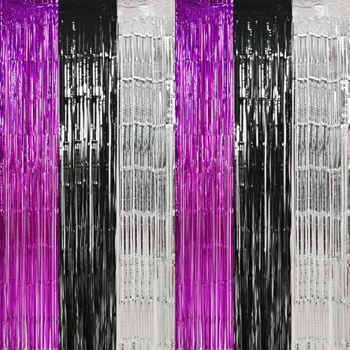 TONIFUL Black Silver Hot Pink Door Streamers,Black and Pink Photo Booth Backdrop Metallic Streamers Foil Fringe Curtain for Birthday,New Year,Graduation,Grad,Baby Shower Party Streamers Decoration - color: Black Silver Rose Red
