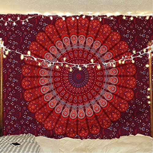 Bless International Handmade Indian hippie Bohemian Psychedelic Peacock Mandala Wall hanging College Dorm Beach Throws Table Cloth Bedding Tapestry (Blue Red, Twin(54x72Inches)(140x185cms)) - color: Blue Red, size: 72"L x 54"W