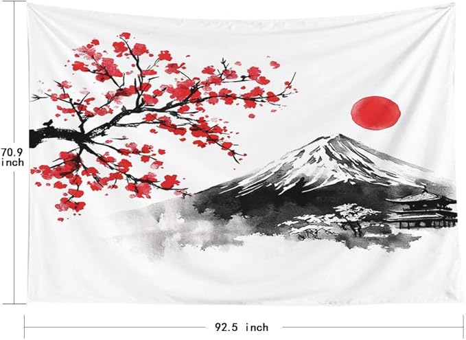 EMMTEEY Mountain Tapestry Wall Art Extra Large 92.5X70.9 Inch-Ink Red Flowers and Fuji Mountain Durable Wall Decor for Living Room