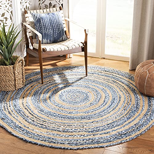 SAFAVIEH Cape Cod Collection Area Rug - 6' Round, Blue & Natural, Handmade Braided Jute & Cotton, Ideal for High Traffic Areas in Living Room, Bedroom (CAP209L) - color: Blue/Natural, size: 6' (Round)