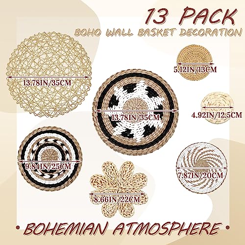 Glenmal Set of 13 Boho Wall Basket Decor Woven Rattan Flat Baskets Handmade Boho Wicker Bamboo Seagrass Wall Hanging Decor for Bedroom Living Room Dining Room Office Ready to Hang (Bohemian) - style: Bohemian