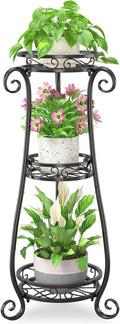 iDavosic.ly 3 Tier Metal Plant Stand Indoor Outdoor, Wrought Iron Corner Tall Flower Pot Holder Shelf, 34 Inch Vertical Heavy Duty Display Rack for Patio Porch Living Room Garden, Black