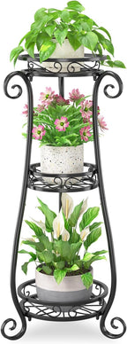 iDavosic.ly 3 Tier Metal Plant Stand Indoor Outdoor, Wrought Iron Corner Tall Flower Pot Holder Shelf, 34 Inch Vertical Heavy Duty Display Rack for Patio Porch Living Room Garden, Black