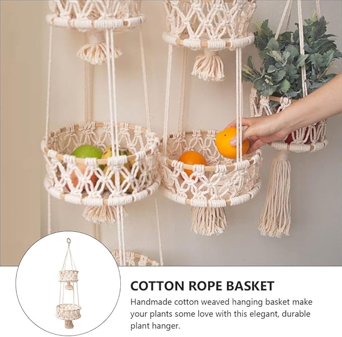 Alipis Macrame Plant Hanger Macrame Hanging Fruit Basket 2 Tier Woven Cotton Rope Storage Baskets Hanging Plant Holder for Vegetable Storage