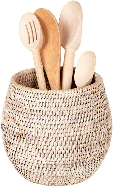 KOUBOO La Jolla Coco Rattan Bowl, White-Wash, Small Planter