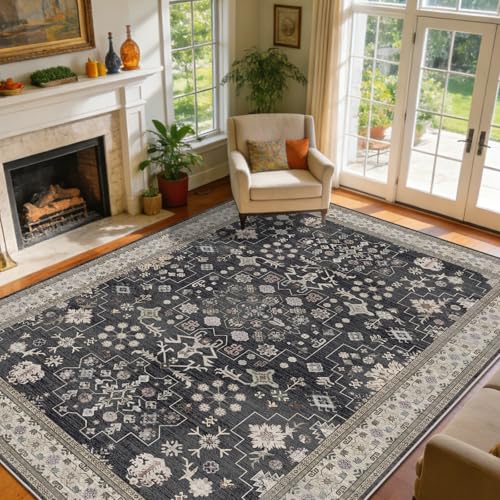 Area Rug for Living Room, 10x12 Large Washable Rugs for Dining Room, Bedroom, Non-Slip Stain Resistant Carpet, Low Pile Vintage Boho Rug (Charcoal Blush Ivory) - color: Charcoal Blush Ivory, size: 10' x 12' (Rectangular)