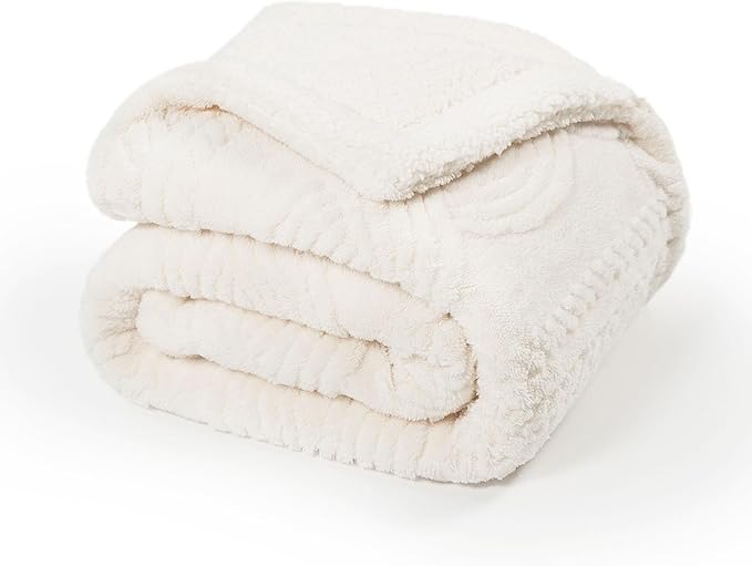 EverGrace Cable Jacquard Sherpa Fleece Throw Blanket for Couch, Super Soft Cozy Fuzzy Plush Blankets for All Seasons, Reversible Thick Warm Blanket for Bed, Sofa, Living Room, Ivory White, 50" x 60"