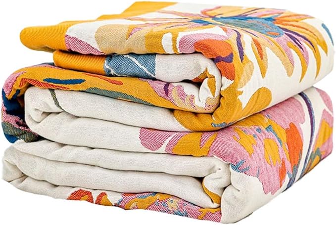 Boho Throw Blanket, 100% Cotton Ultra Soft Luxury Throw Rustic Quilt, 60"x80" Floral Bird Butterfly Farmhouse Decor Bed Blankets, All Season Rustic Reversible Bohemian Throw for Bed - Yellow