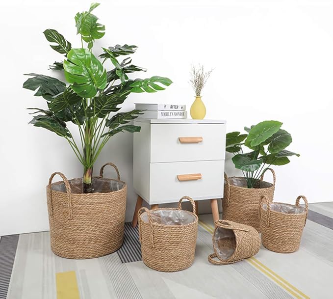Zerodeko Flower Vase Seagrass Planter Basket Straw Plant Baskets Woven Basket Flower Plant Pot Wicker Plant Containers with Plastic Liner for Indoor Plants Laundry Room 25cm Grocery Basket