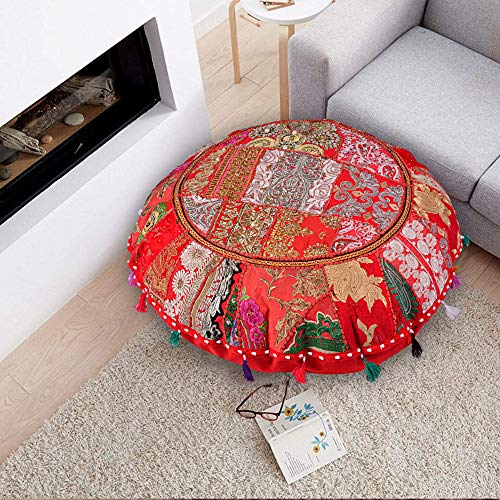 Rajasthani Handmade Colorful Decorative Floor Pillow Cover Meditation Patchwork Patchwork Cushion Seating Accent Boho Chic Indian Handmade Cover ONLY (Red, 32X32 Inches) - color: Red