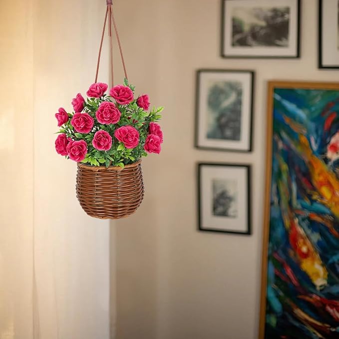 Artificial Rose Flowers with Hanging Woven Basket, Faux Blooming Roses in Fake Rattan Planter with Rope, Romantic Floral Arrangement for Home Bedroom Porch Patio Balcony Summer Wedding Decor, Pink