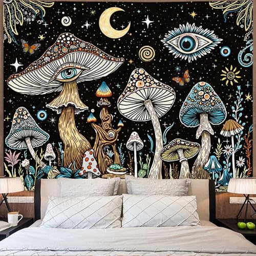 Accnicc Hippie Mushroom Tapestry Abstract Fantasy Plant Wall Tapestry for Bedroom Aesthetic Art Moon Star Eye Butterfly Small Tapestries Wall Hanging for Dorm Living Room Decor 48 × 36 Inch - color: Black Green, size: 48"L x 36"W