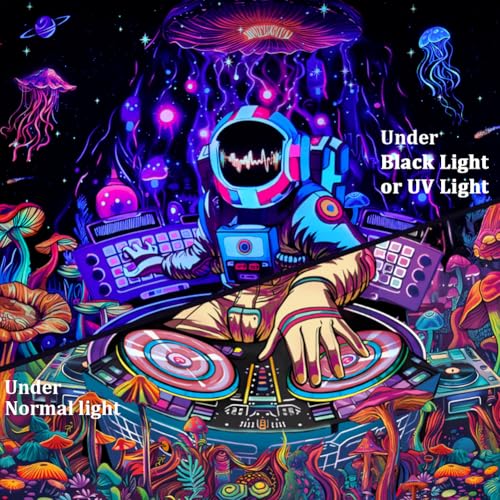 Amhokhui Blacklight Astronaut Tapestry UV Reactive Funny DJ Music Tapestry Trippy Aesthetic Tapestries Galaxy Space Tapestries Flower Wall Hanging Decor for Home - size: 92.5"L x 70.8"W
