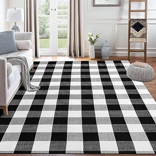 Buffalo Plaid Outdoor Rug 4'x6' Washable Black White Checkered Rug Indoor Outdoor Carpet Woven Cotton Door Mat for Front Porch, Kitchen, Bathroom, Entry Way, Living Room - size: 4'x6'