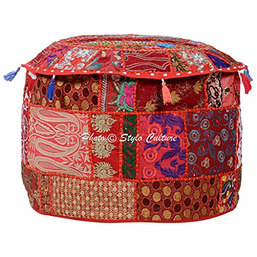 Round Ethnic Cotton Patchwork 45 cm Embroidered Ottoman Stool Pouf Cover Red Floral Bean Bag Foot Rest Indian Decor Living Room - color: Red