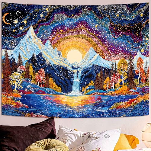 Lunerfex Starry Mountain Waterfall Sunrise Wall Tapestry, Trippy Cosmic Landscape Tapestries for Room Decor, Vibrant Tapestry 80x60 Inch - color: Vibrant Gold Blue, size: 80"L x 60"W