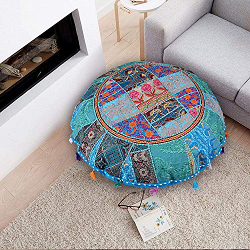 Rajasthani Handmade Colorful Decorative Floor Pillow Cover Meditation Patchwork Patchwork Cushion Seating Accent Boho Chic Indian Handmade Cover ONLY (Turquies, 32X32 Inches) - color: Turquies