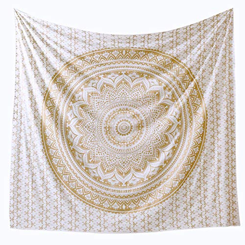 Tapestry Golden HIppie Mandala Ombre Wall Hanging - Indian Popular Mandela Bohemian Psychedelic Bedspread Dorm Room Decor with Metallic Shine Tapestry 84"x90" - color: Gold, size: 90"L x 84"W