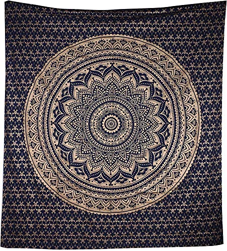 Popular Handicrafts New Launched Kp761 original Gold Ombre Tapestry Mandala tapestries Wall Art Hippie Wall Hanging Bohemian Bedspread With Metallic Shine tapestries 84x54 Inches(215x140cms) blue - color: Blue and Gold, size: 82"L x 54"W