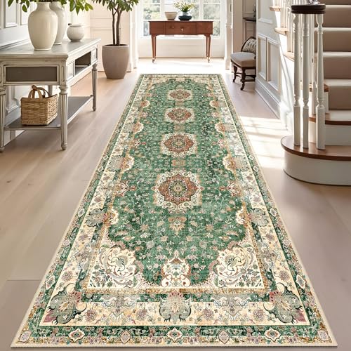 Washable Runner Rug 2'x8',Green Rug Runners Non Slip,Long Boho Rugs for Hallways Kitchen Bathroom Bedroom Entryway,Vintage Bohemian Distressed Floor Carpet,Retro Sage Floral - color: Green, size: 2'x8'