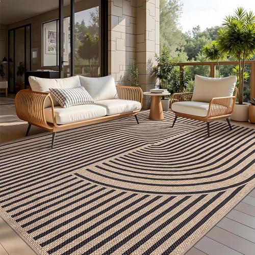 Tangsoo Rainbow Easy Jute Rug 5x7 Large Washable Area Rug for Living Room,Black Non-Slip Thin Outdoor Rug,Modern Farmhouse Indoor Carpet for Dining Room Table Bedroom Patio - color: Black, size: 5x7ft