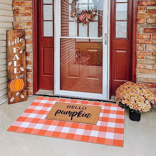 Fall Plaid Area Rug 3x5 Ft, Orange and White Buffalo Check Large Farmhouse Cotton Rug, Hand-Woven Washable Indoor Outdoor Carpet for Halloween Thanksgiving Autumn Porch Patio Decor - color: Orange & White, size: 3' x 5' (Rectangular)