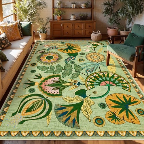 Joydeco Egypt Floral Boho Living Room Area Rug 6x9, Sage Green Washable Area Rug for Bedroom Dining Room Table, Non Slip Vintage Indoor Throw Carpet for Playroom Nursery Dorm Classroom, Green - color: Sage Green, size: 6' x 8'11" (Rectangular)