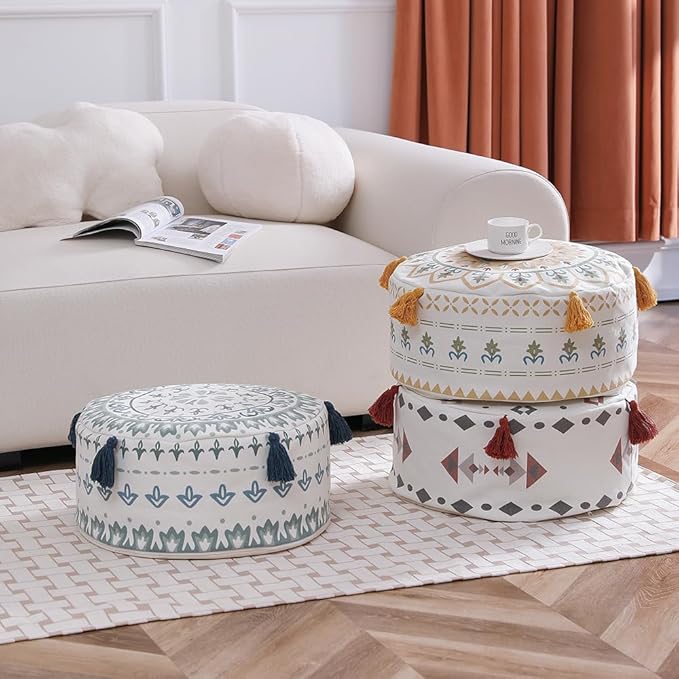 MOCOFO Pouf D45xH20cm Scandinavian Simplicity Geometric Print Floor Cushion Cover- Washable Ottoman for Living Room Home Decor