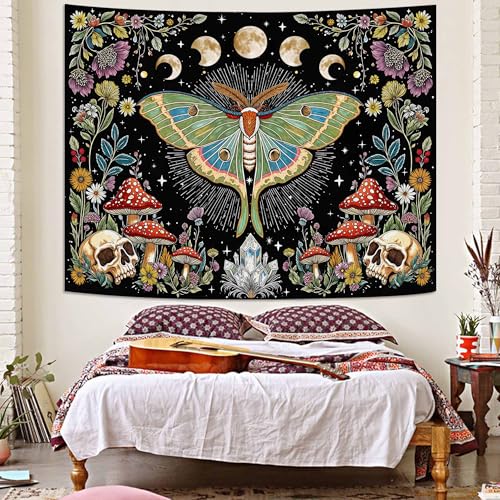 Accnicc Moth Tapestry Boho Mushroom Hippie Skull Wall Tapestry for Bedroom Aesthetic Vintage Floral Plant Moon Phase Small Tapestries Wall Hanging for Dorm Living Room Decor 48 x 36 Inch - color: Green Black, size: 48"L x 36"W