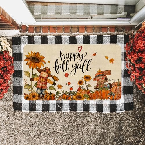 Fall Door Mat Outside,Happy Fall Y'all Scarecrow Pumpkins Welcome Mat for Front Door,Thanksgiving Autumn Doormat Indoor Outdoor Non-Slip Rugs for Farmhouse Home Porch Decorations 30" x 17" - color: Fall 5