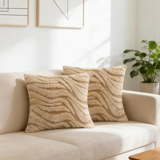 Khaki Pillow Covers 18" x 18" Striped Texture Decorative Pillow Covers for Couch Boho Tufted Fluffy Throw Pillow Covers for Outdoor Bed Sofa Chair Livingroom - 2 Pieces
