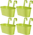 OBTANIM 4 Pack Metal Hanging Flower Pots Iron Railing Planter Outdoor Fence Hanging Pots Bucket Plant Holder with Detachable Hooks Drain Holes for Home Garden Yard Decor (Green)