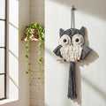 Macrame Owl Wall Hanging - Handmade Boho Hanging Tapestry Art Home Decor, Nature-Inspired Gift for Owl Lovers, Sustainable Fiber Wall Art Minimalist Bird-Themed Decor - Grey
