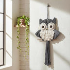 Macrame Owl Wall Hanging - Handmade Boho Hanging Tapestry Art Home Decor, Nature-Inspired Gift for Owl Lovers, Sustainable Fiber Wall Art Minimalist Bird-Themed Decor - Grey