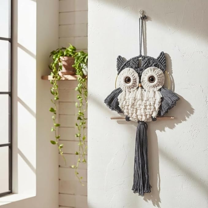 Macrame Owl Wall Hanging - Handmade Boho Hanging Tapestry Art Home Decor, Nature-Inspired Gift for Owl Lovers, Sustainable Fiber Wall Art Minimalist Bird-Themed Decor - Grey