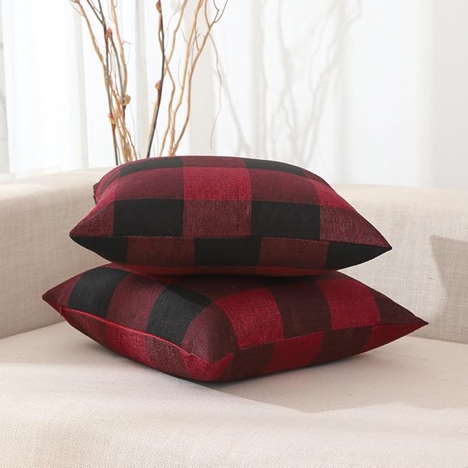 CARRIE HOME Red and Black Christmas Checkered Throw Pillow Covers 16x16 Set of 2 Outdoor Christmas Farmhouse Decor Pillows 16 x 16 for Patio Deck and Couch Sofa (No Pillow Inserts)