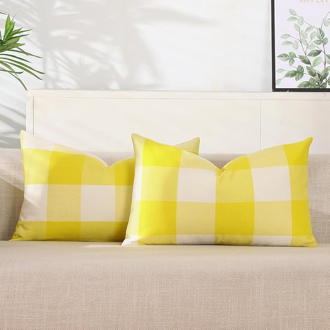 CARRIE HOME Yellow Plaid Summer Outdoor Lumbar Pillow Covers 12x20 Set of 2, Bright Lemon Yellow Buffalo Check Plaid Lumbar Pillows, Porch Decorative Pillows for Patio Furniture (No Pillow Insert)