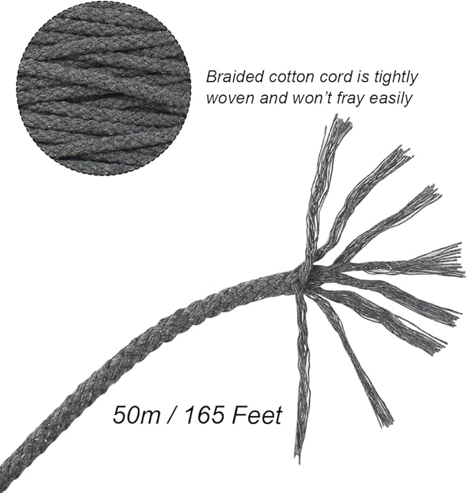 Tenn Well Gray Macrame Cord, 165 Feet 5mm Wide Braided Cotton Rope for Macrame Plant Hangers, Wall Hangings, Drawstring, DIY Crafts